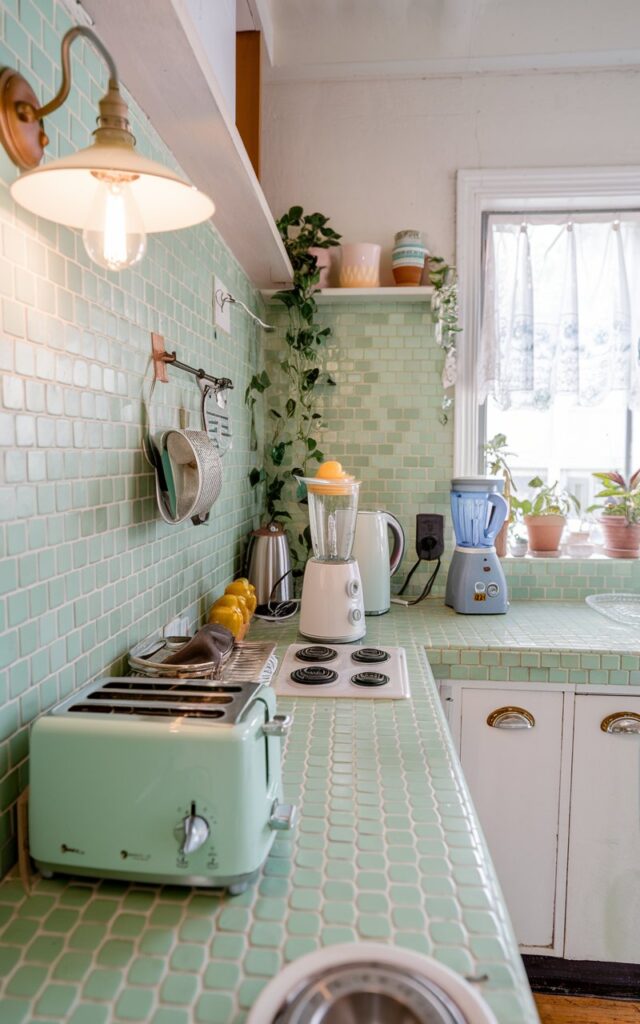 An eye-level shot of a kitschy, retro kitchen with a mint green penny tile backsplash. The countertop is fully furnished with a toaster, a kettle, a blender, and a few other items. There is a vintage wall sconce on the left side of the photo, providing lighting. The background contains a few plants and a window with a curtain.