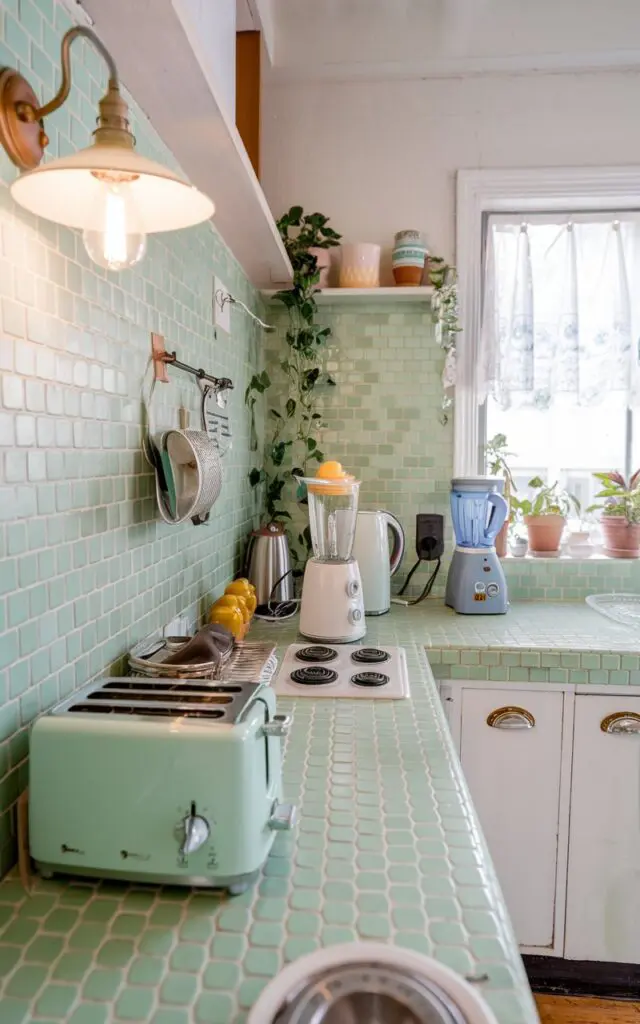 An eye-level shot of a kitschy, retro kitchen with a mint green penny tile backsplash. The countertop is fully furnished with a toaster, a kettle, a blender, and a few other items. There is a vintage wall sconce on the left side of the photo, providing lighting. The background contains a few plants and a window with a curtain.