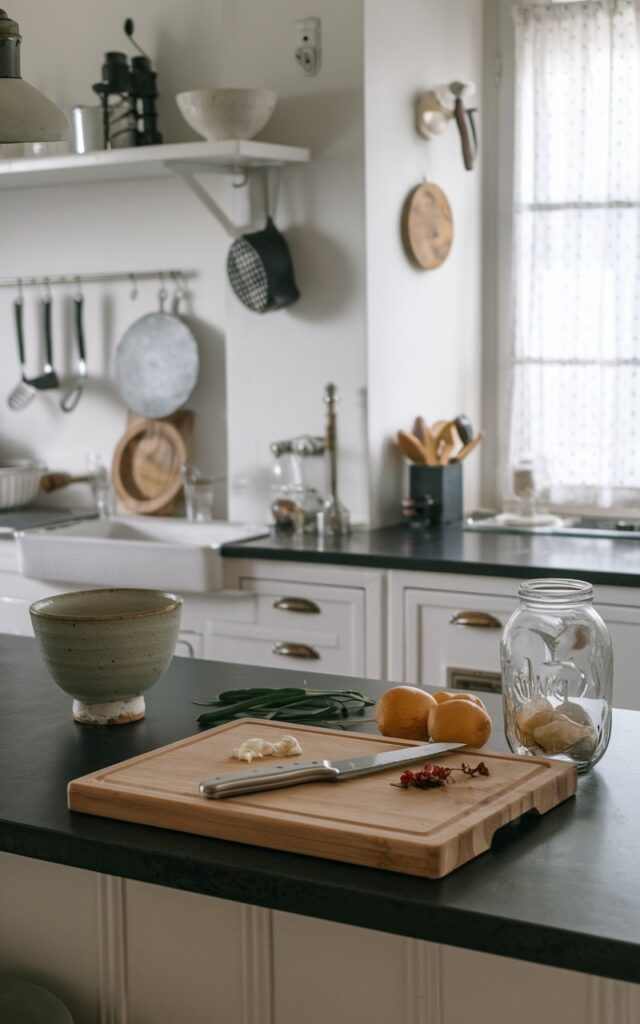 A photo of a French country kitchen with a matte black granite countertop and a backsplash. On the counter, there's a wooden cutting board with a few ingredients, a stainless steel knife, a ceramic bowl, and a glass jar. The background has a white wall with a few hanging items and a window with a curtain.