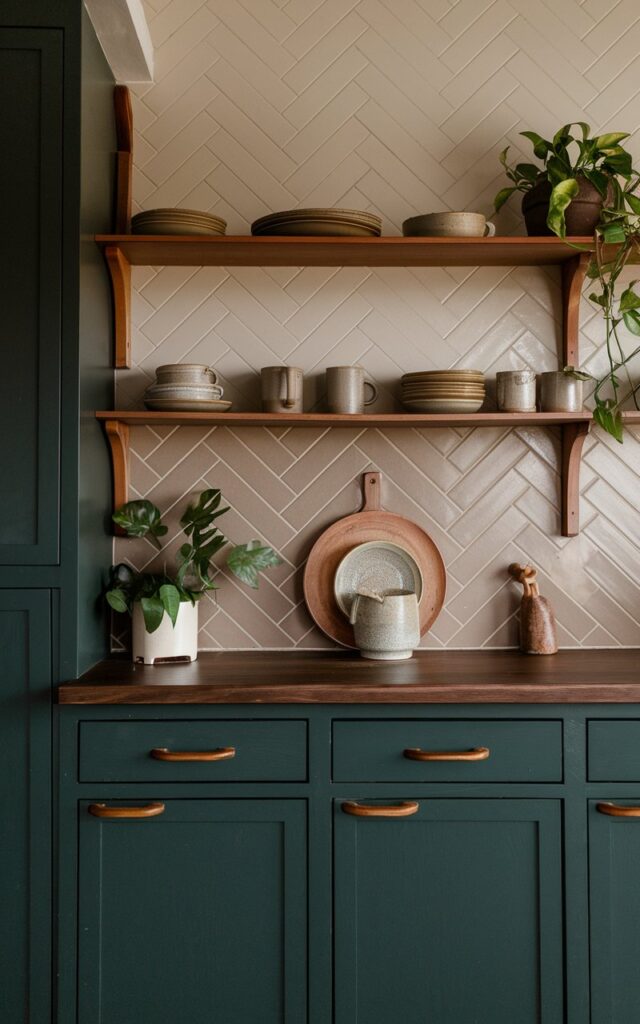 A mid-shot photo of a mid-century modern kitchen with dark green cabinetry. The backsplash has neutral beige or taupe tiles in a herringbone pattern. The shelves hold ceramic plates, mugs, plants, and decor. The lighting is golden hour.o