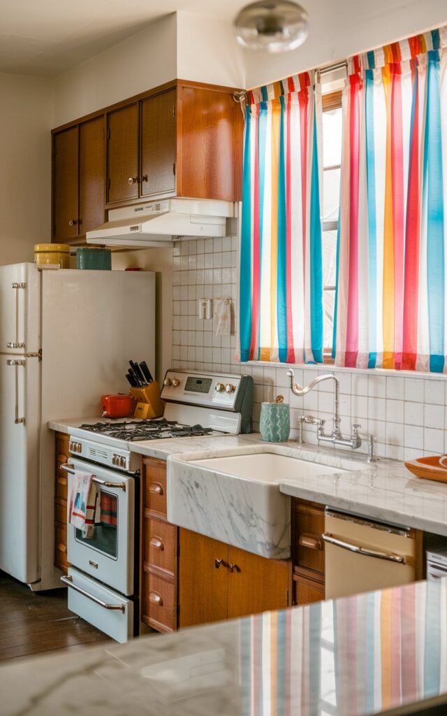 A photo of a mid-century modern kitchen with a marble sink. There are bright colored striped curtains on a window above the sink. The kitchen is fully furnished with a stove, refrigerator, cabinets, and a countertop. Natural light softens the space.