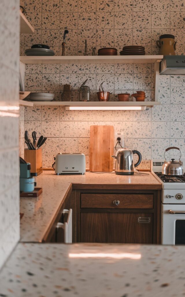 A mid-shot photo of a mid-century modern kitchen with terrazzo tiles as the backsplash and wall. The countertops are fully furnished with a toaster, a kettle, and a few accessories. There's a wooden cabinet below the counter. The lighting in the kitchen is warm. The overall image has a vintage feel.