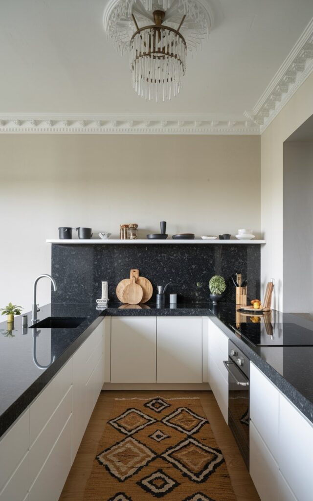 A photo of a minimalist kitchen with a sleek, black granite countertop and essential items. The kitchen has a clean, streamlined look. The ceiling has a stylish chandelier, a contrasting rug, and a backsplash.