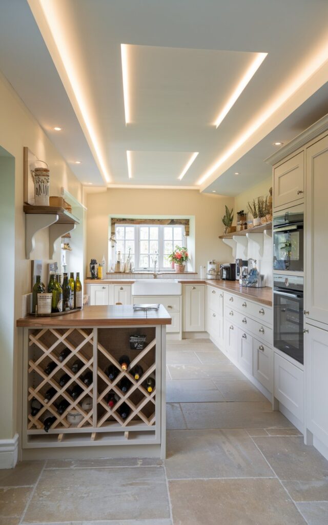 A photo of a modern English countryside kitchen with an L-shaped layout. There is a wine rack and a mini bar area with essentials. The kitchen is fully furnished. The ceiling is a drop ceiling with concealed LED cove lighting. The floor is tiled.