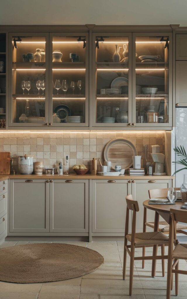 A photo of a modern French Country open kitchen. There are a few glass-front cabinets with dishware, glassware, and decor. The cabinets have under-LED lighting. There's a wooden dining table with chairs in the corner. The walls have beige tiles. There's a round rug in front of the cabinets.