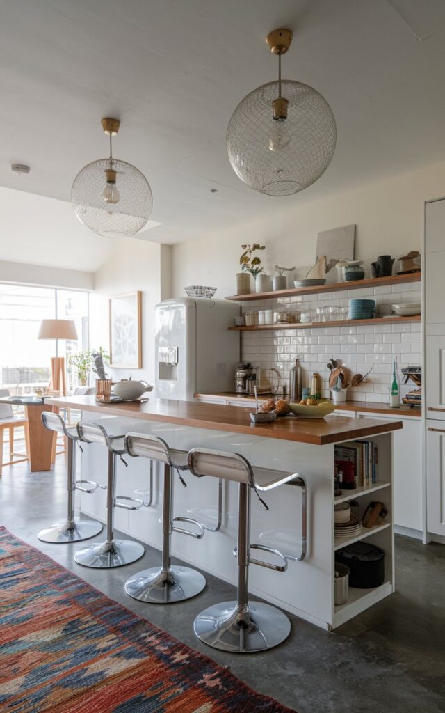 A photo of a Japandi + cottagecore kitchen with an open layout plan and a breakfast bar. There are sleek, modern bar stools at the breakfast bar. The kitchen is fully furnished with a range of appliances and storage. The ceiling has Sputnik Pendant Lights. The floor has a contrasting rug.