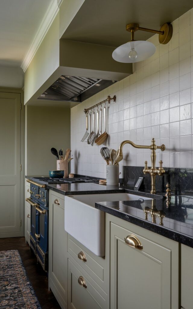 A photo of a modern Victorian kitchen with a black granite countertop and a brass faucet. There are utensils and a rangehood on the countertop. The ceiling has a modern light with a brass accent. The floor has a contrasting rug. The lighting is soft and neutral. The photo is a mid-shot view of the countertop.