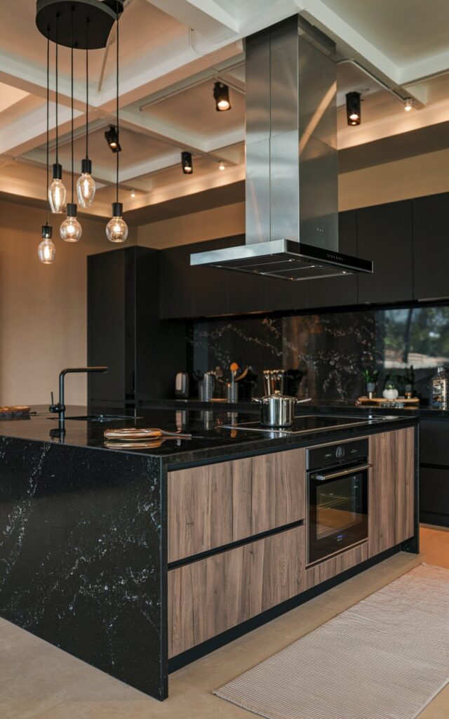 A photo of a modern black kitchen with a waterfall edge black granite countertop and an island. The island has a sink, range hood, an oven, and a few cutlery on it. The ceiling has hanging cluster pendant lights. The floor is a contrasting beige color, as well as the backsplash and rug. The lighting is warm and soft.