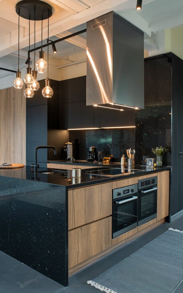 A photo of a modern black kitchen with a black granite island. The island has a sink, range hood, an oven, and a few cutlery on it. The ceiling has hanging cluster pendant lights. The floor is contrasting, as well as the backsplash and rug. The lighting is warm and soft.