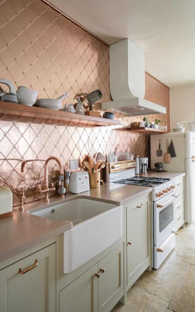 A photo of a modern farmhouse kitchen with a rose gold metallic backsplash in a diamond pattern. The countertops are fully furnished with various kitchen appliances and utensils. There is a white sink with a rose gold faucet, a white stove, and a white refrigerator. The countertops are made of a light grey material. There is a wooden shelf above the stove. The floor is made of beige tiles.