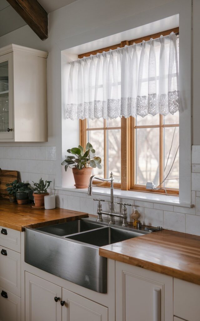 A photo of a modern farmhouse kitchen with a sheer white curtain on a window above the sink. The kitchen has a wooden countertop, white cabinets, and a stainless steel sink. There is a potted plant on the window sill. The background contains a white wall and a wooden beam. The lighting is soft and diffused.