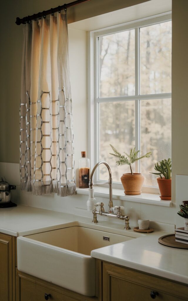 A photo of a modern kitchen with a window above a ceramic sink. There's a curtain with a silver metal accent. The room has a soft, ambient natural light.