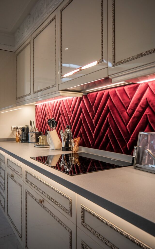 A mid-shot photo of a modern luxurious kitchen with a countertop that is fully furnished. The countertop has an under-cabinet lighting that highlights a bright velvet backsplash in a zigzag pattern. The backsplash is in a deep red color and contrasts with the white cabinets and the gray countertop. There are various kitchenware and utensils placed on the countertop. The lighting in the kitchen is bright.