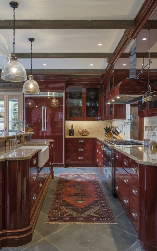A photo of a modern rustic kitchen with 2-3 high-gloss, polished wooden cabinets. The kitchen is fully furnished with a contrasting countertop, floor, ceiling, and rug. The ceiling has glass Bell Pendant lights with light on. The kitchen has a luxurious look.