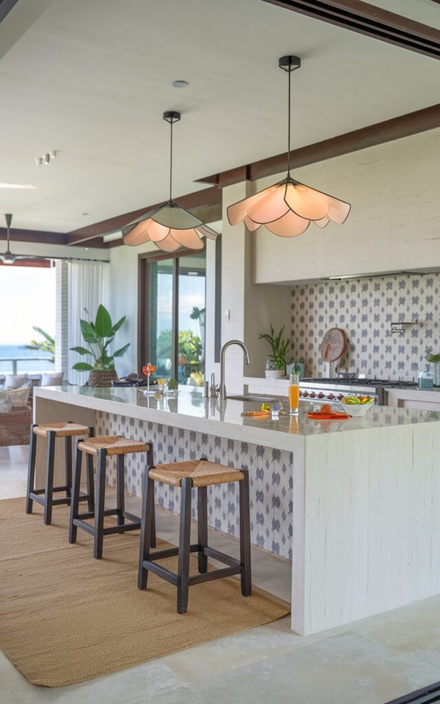 A photo of a Balinese-style coastal open layout kitchen with a stylish island. The island has a glossy white countertop with a sink, faucet, food, and drinks, and is furnished with a few stools. There is a rug on the floor, and the backsplash has a grey and beige pattern. There are two modern flower-shaped pendant lamps hanging above the island. The background reveals a living area with a sofa and a plant.