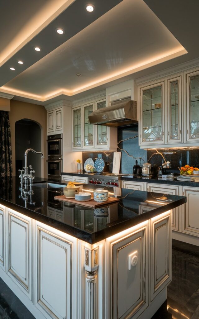 A photo of a Hollywood Glam kitchen with a black granite countertop. There is under-cabinet lighting that highlights the black granite. The countertop has a sink, a cutting board, dishes, and a few other items. The kitchen is fully furnished with appliances, hardware, etc. There is a unique backsplash. The room has no natural light, but there is a recessed ceiling with lighting.