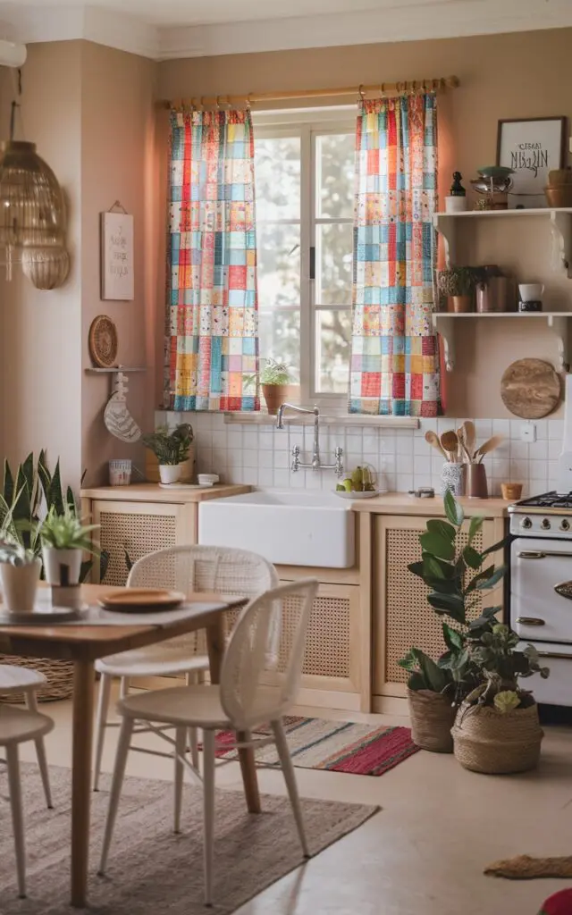A photo of a boho kitchen with a window above the sink having patchwork curtains in bright colors. The kitchen is fully furnished, with a wooden table, chairs, shelves, and a stove. There are potted plants and a woven basket on the floor. The walls are painted beige, and there are decorative items such as a lantern and a sign. The lighting is ambient and soft.