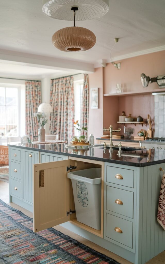 A photo of a cottagecore and boho kitchen with a black granite island. The island has pastel cabinets, fully furnished with a sink, hardware, and other essentials. The cabinet has a hidden trash bin which is open. The ceiling has a boho-inspired pendant light. The floor has a contrasting rug. Window has thick curtains, lighting is diffused.