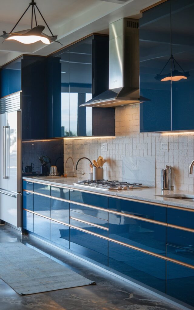A photo of a minimalistic modern luxury kitchen with handleless, sleek cabinets. The cabinets are a deep blue color and have a smooth, glossy finish. The countertops are white marble with a stove, sink, and other essentials on it. The backsplash has patterns and textured. There is a stainless steel range hood above the stove, and a white fridge on the left. The floor is made of dark grey concrete with a complimenting rug. The ceiling has a pendant light in a unique shape with light on.