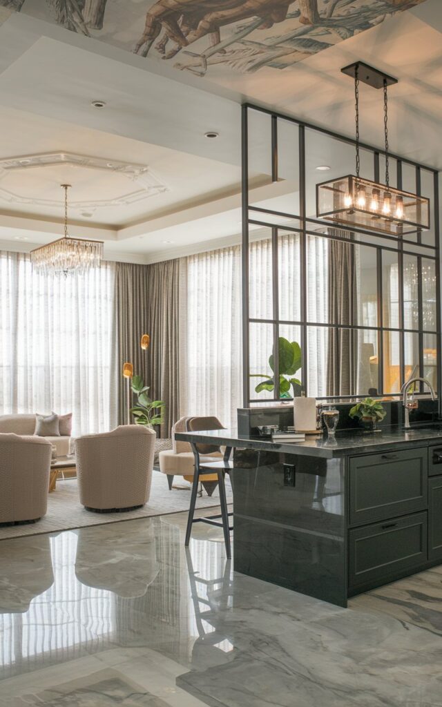 A photo of a modern cottagecore open kitchen living room. The kitchen has a black kitchen island that serves as a divider. There is a rectangular chandelier hanging from the ceiling of the kitchen, and a chandelier in the living room. The ceiling of the living room has a designed wallpaper. The windows have thick curtains, allowing diffused light. The flooring in both the living room and kitchen is marble. The room is fully furnished, with a sofa, a few chairs, and a plant.