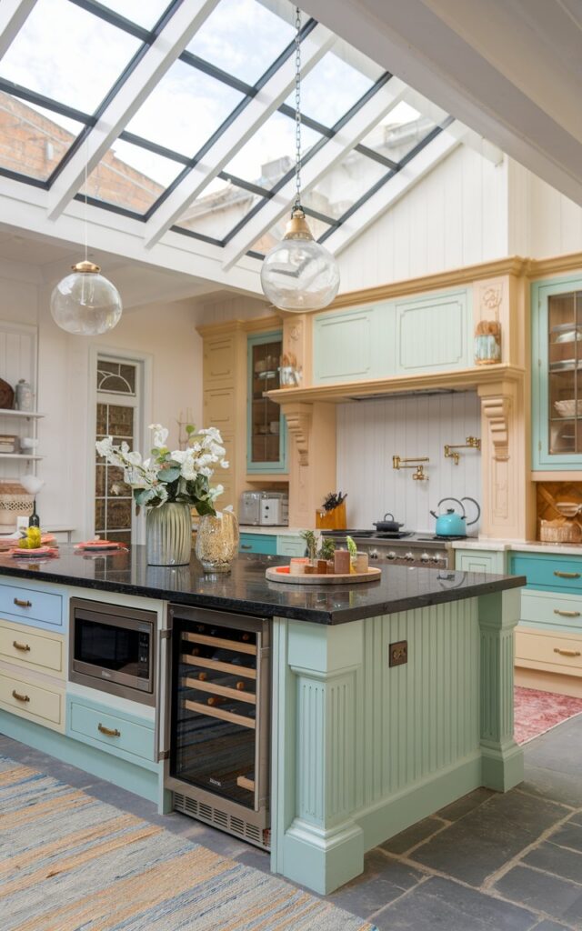 A photo of a modern farmhouse kitchen with a Black Galaxy granite island and cream and pastel shaker-style cabinets. The island has a microwave, wine cooler, small fridge, and some essentials on the countertop. There is a glass ceiling over the kitchen. Floor has a contrasting rug.