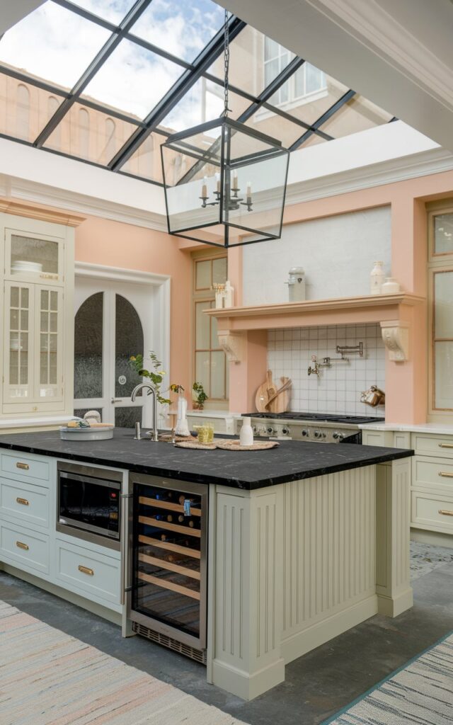 A photo of a modern farmhouse kitchen with a Black Galaxy granite island that has a microwave, wine cooler, small fridge, and some essentials on the countertop. There is a glass ceiling over the kitchen. The floor has a contrasting rug.