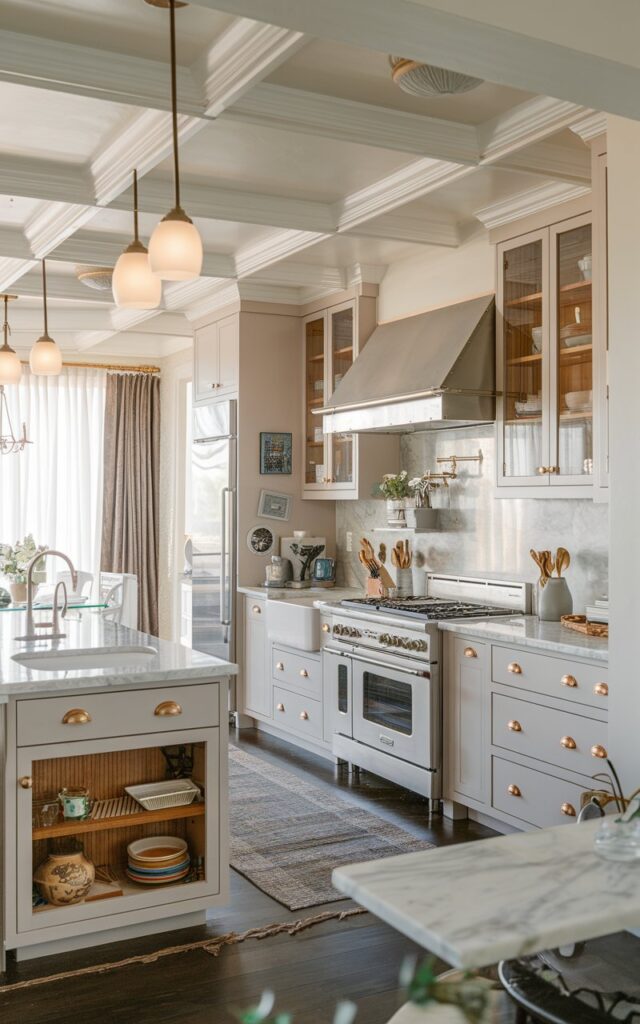 A photo of an open-plan kitchen with a few built-in cabinets for extra storage. The kitchen is fully furnished with a marble countertop, a stainless steel sink, a gas range, and a refrigerator. There is a detailed ceiling with cluster pendant lights with light on. The floor has a rug. The kitchen naturally flows into a dining space with essentials. Natural light is filtered through thick curtains.