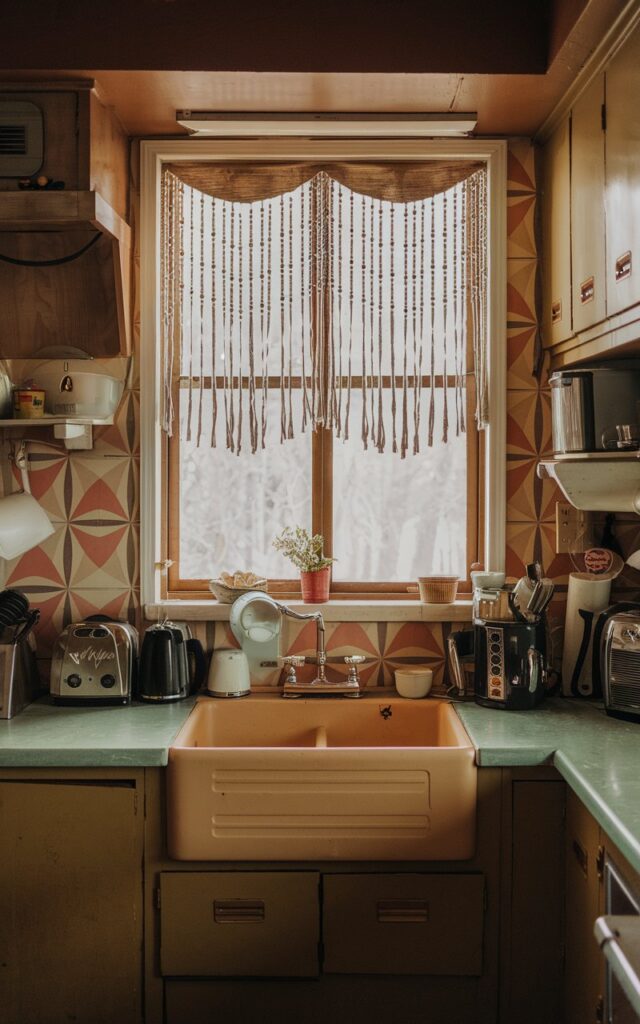 A photo of a retro kitchen with a unique backsplash and a retro sink. There is a beaded curtain above the window. The kitchen and counter are fully furnished with various appliances and utensils. The lighting is soft and ambient, with natural light coming in through the window.