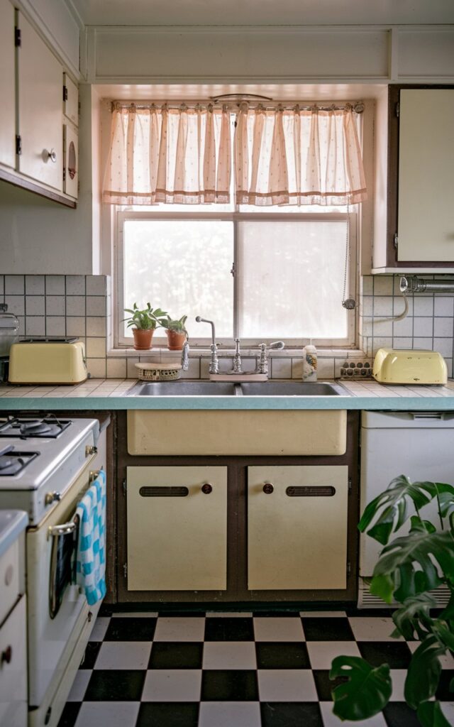 A photo of a retro kitchen with a cafe curtain on a window above the sink. The kitchen has vintage appliances, including a yellow toaster and a black and white checkered floor. There is a green plant near the window. The light is diffused and filtered.