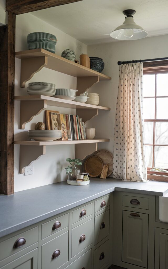 A photo of a rustic cozy kitchen with floating shelves in a zigzag pattern, holding dishes, cookbooks, and decor. The shelves are placed near a window with curtains. The kitchen has a contrasting countertop, cabinets, hardware, ceiling, and light.