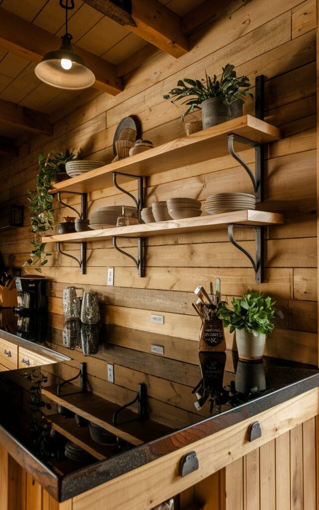 A photo of a rustic kitchen with a black granite countertop and a wood accent wall. The granite countertop has wooden edges. There is a wooden open shelving above the counter with dishes, plants, and decor. The lighting is warm and golden. The background has wooden ceiling beams and a hanging pendant light.