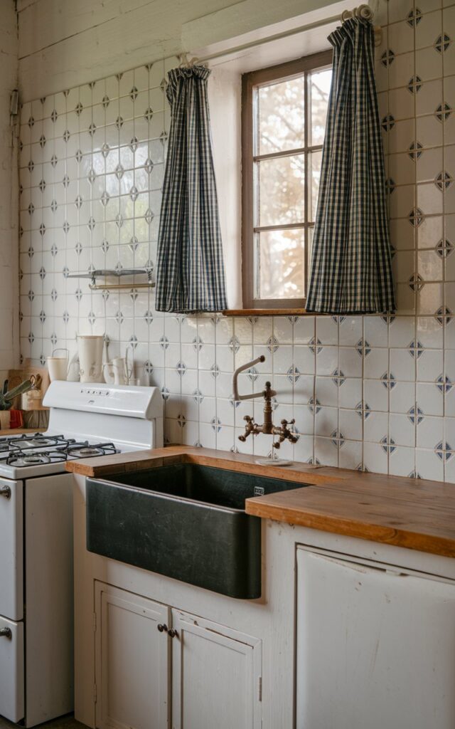 A photo of a rustic kitchen with a unique backsplash made of white tiles with blue accents. There is a black sink with a vintage faucet. The window has gingham curtains. The countertop is made of wood. There is a white stove and a white cabinet. The room has natural light.