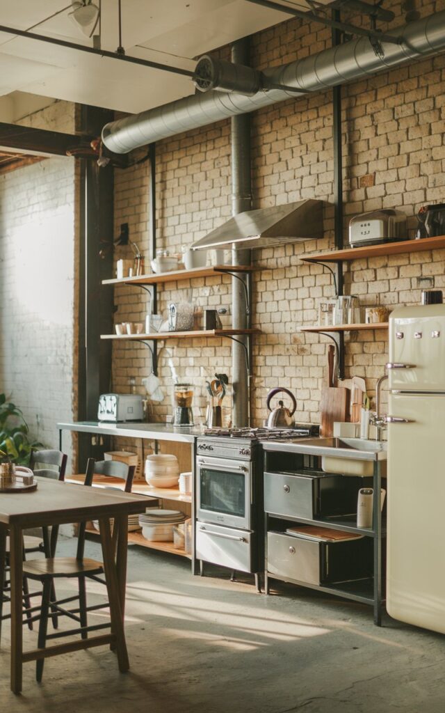 A photo of a rustic open kitchen with a warm natural lighting. The kitchen has an exposed brick wall, steel accents, and wood shelving. There are essentials like a kettle, a blender, and a toaster on the shelves. The kitchen is fully furnished with appliances such as a stove, an oven, a refrigerator, and a sink. There is a wooden table with a few chairs near the kitchen. The floor is made of concrete.
