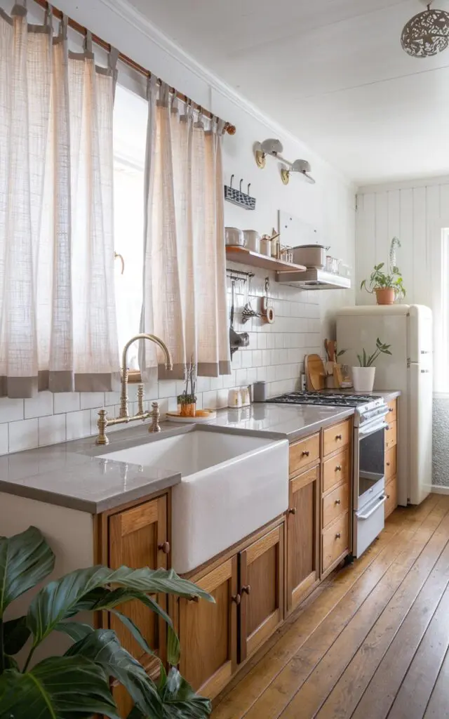 A photo of a Scandinavian kitchen with a white quartz sink. Above the sink, there are linen curtains covering a window. The kitchen has wooden cabinets, a stove, and a refrigerator. The floor is made of wooden planks. There is a potted plant near the sink. The walls have a few hooks and a decorative light fixture.
