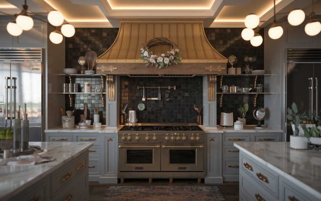 A photo of a shabby chic and art deco kitchen with a vent hood made of gold and wood. The vent hood has a floral wreath and is placed above a marble countertop. The countertop holds kitchen essentials. The backsplash is dark and has a tiled design. The kitchen is fully furnished with sleek metallic hardware and appliances. There is a rug on the floor and cluster globe pendant lights with light on the ceiling. The overall lighting is warm, soft, and ambient. The focus is on the vent hood.