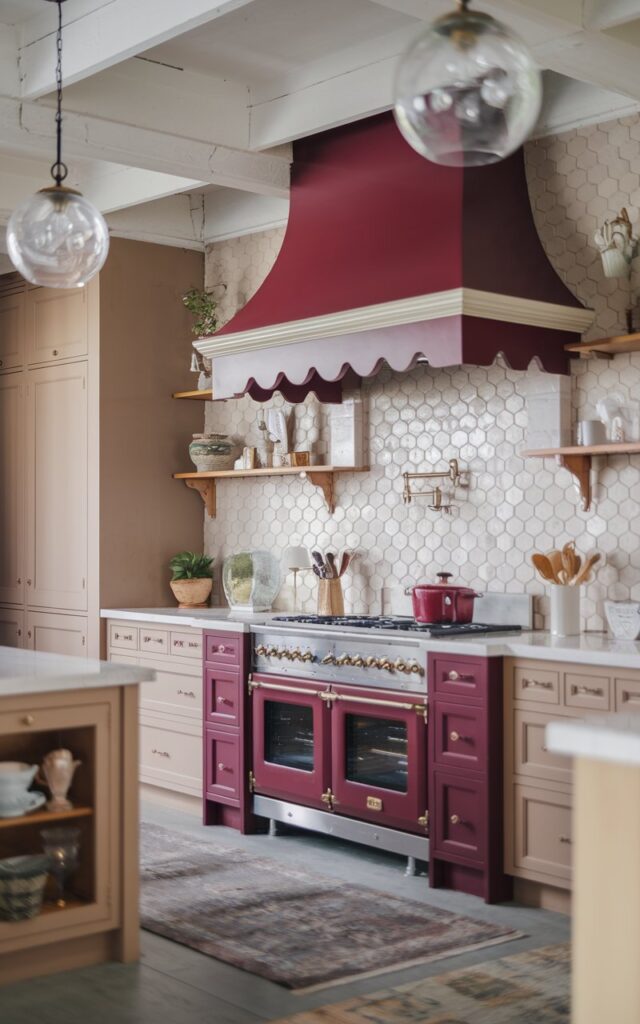 A photo of a shabby chic kitchen with a maroon vent hood with a scalloped edge. The kitchen has maroon, beige, and wood accents. The ceiling has glass globe pendant lights. The floor has a rug. The focus is on the scalloped edge of the vent hood.
