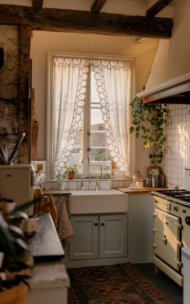 A photo of a shabby chic kitchen with a window above the sink. The window has a pair of scalloped-edged curtains. The room is bathed in golden hour light. The focus is on the scalloped-edge curtains. The kitchen has a vintage feel, with rustic elements like the wooden beam and the vintage stove. There is a plant near the window. The floor is covered with a patterned rug.