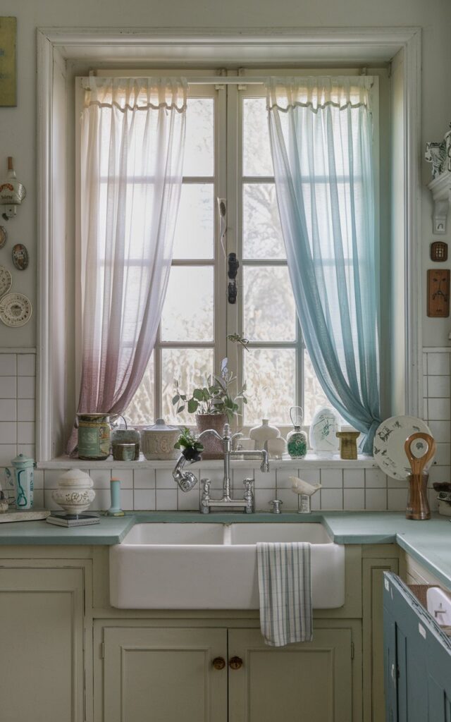 A photo of a shabby chic kitchen with a window above the sink. The window has sheer ombre panels that blend from white to pale blue. The kitchen has a vintage style with various decorative items. The window allows natural light to filter into the room, giving a soft and serene feel.