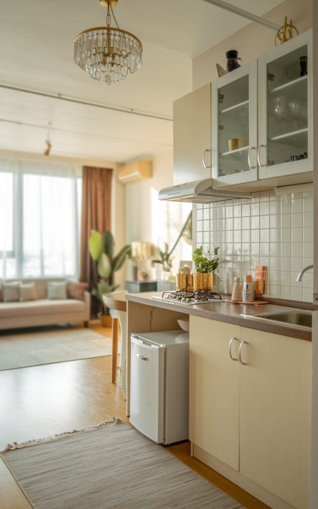 A photo of a studio apartment kitchen with a compact fridge under the counter. The ceiling has a chandelier, and the floor has a rug. The fully-furnished kitchen has a stovetop, a sink, and cabinets. The living room in the background is blurred and contains a sofa and a plant. The room has soft, warm natural light.
