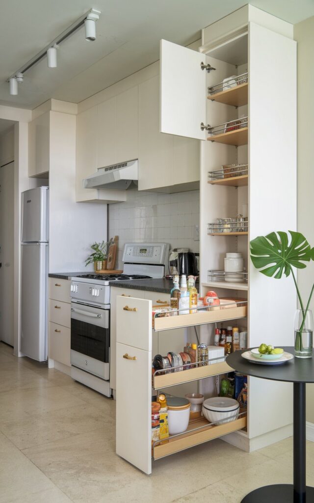 A photo of a studio apartment kitchen with a few pull-out pantry shelves filled with essentials. The kitchen is fully furnished with a stove, refrigerator, sink, and cabinets. There's a small dining table near the kitchen. The walls and cabinets are painted white. A green plant is placed on the dining table. The floor is made of beige tiles.