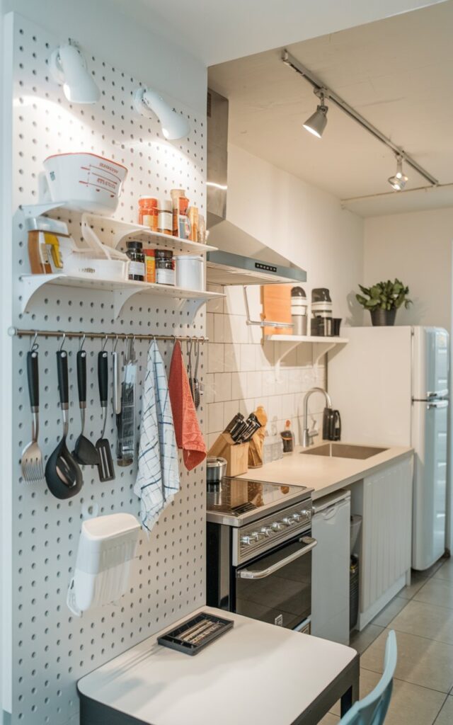 A photo of a studio apartment kitchen with a pegboard for hanging utensils, a measuring cup, spices, and a towel. The pegboard has track lighting to highlight the essentials. The kitchen is fully furnished and has a stove, refrigerator, and sink. There is a small table with a chair near the kitchen. The overall space is clean and organized.