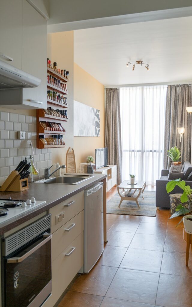 A photo of a studio apartment with a kitchen and living room. The kitchen has a wall-mounted spice rack to declutter the counter. There is a stove, refrigerator, sink, and cabinets in the kitchen. The living room has a sofa, coffee table, and a plant. The room has a window with curtains. The floor is tiled.