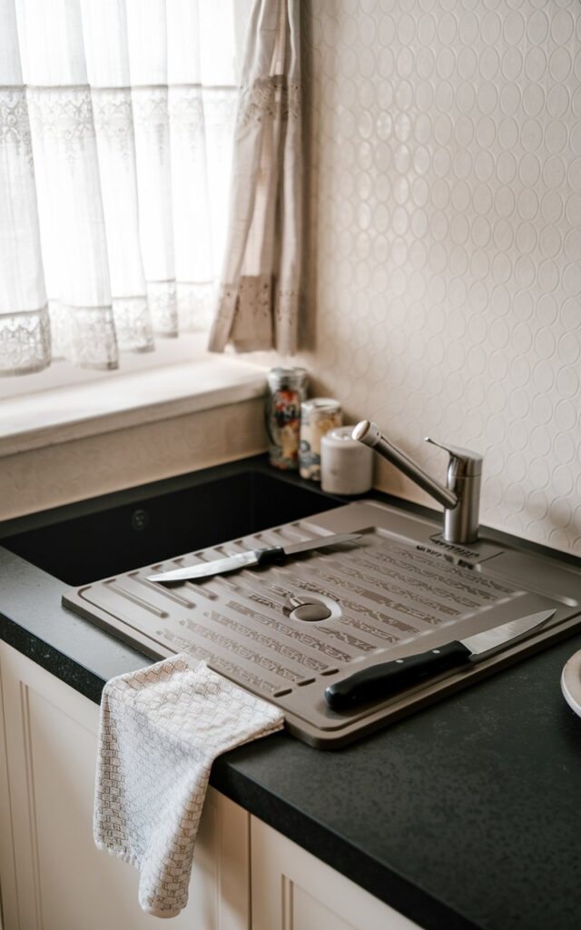 A mid-shot photo of a studio kitchen countertop with a dark countertop, a drop-in sink cover, a knife, and a towel. The sink cover has a pattern. There is a light patterned backsplash. There is a small window with curtains behind the sink. The natural light is filtered.