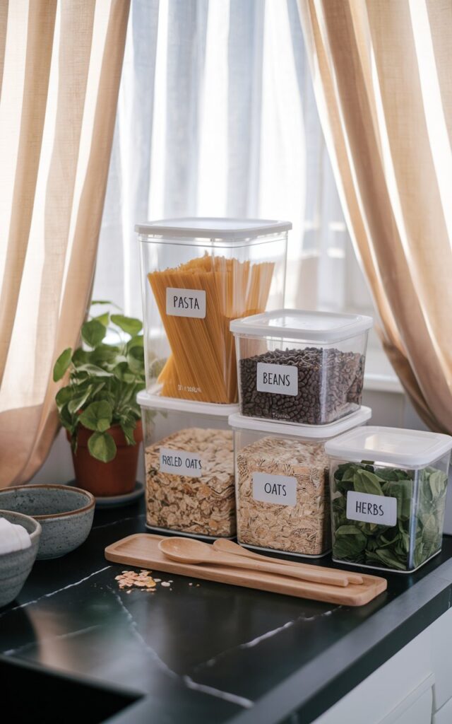 A photo of a studio kitchen countertop with dry goods arranged in labelled containers. There's a "pasta" container with spaghetti, a "beans" container with black beans, a "rolled oats" container with rolled oats, a "dried fruits" container with raisins, and a "herbs" container with fresh basil. There's a black marble countertop with a plant, a wooden spoon, and a bowl. The area around the containers is clean and dry. The photo is taken in natural light, which is filtered through thick curtains, creating a soft lighting effect.