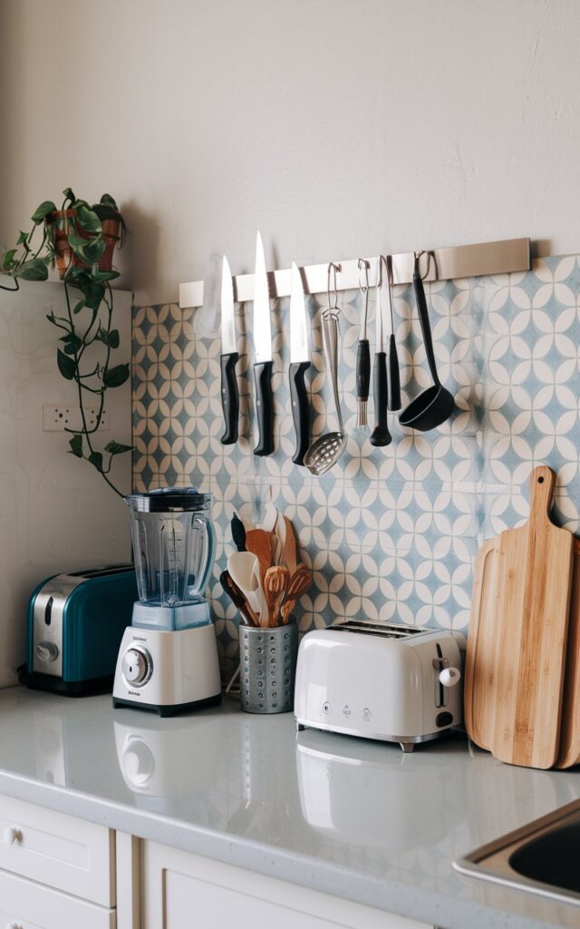 A photo of a studio kitchen countertop with a magnetic strip mounted on the wall for hanging knives, a ladle, and other tools. The countertop is fully furnished with essentials such as a blender, a toaster, a coffee maker, and a cutting board. The unique backsplash has a geometric pattern in shades of blue and white. A potted plant is placed on the countertop.