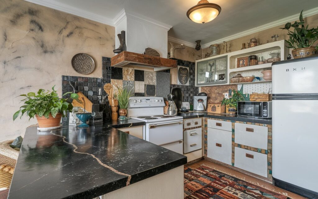 A photo of a traditional and eclectic kitchen with a black granite veining countertop. There are essential kitchen items, such as a stove, oven, microwave, and refrigerator. There are also plants and decorative items on the countertop. The backsplash is made of contrasting and unique materials. There is a ceiling light and a floor rug. The wall has a textured finish.
