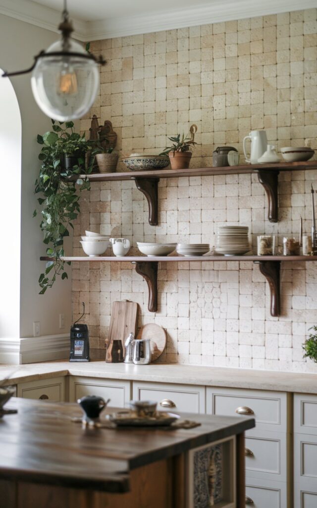 A photo of a traditional kitchen with a travertine tile wall and a few open shelves. The shelves have dishes, plants, and decor. The kitchen has a wooden island with a few items on it. The lighting is soft and warm.