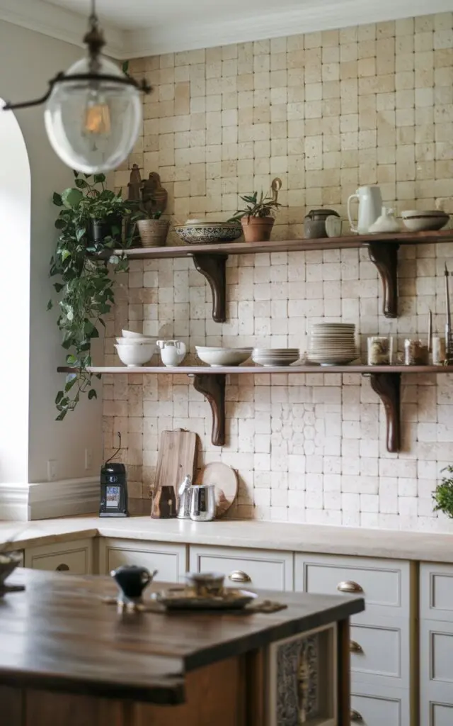 A photo of a traditional kitchen with a travertine tile wall and a few open shelves. The shelves have dishes, plants, and decor. The kitchen has a wooden island with a few items on it. The lighting is soft and warm.
