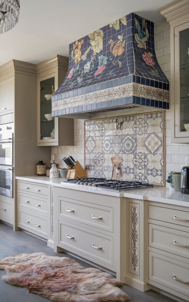 A photo of a transitional and boho kitchen with a tile-encased vent hood in colorful geometric patterns and intricate florals. The kitchen has neutral cabinetry and a fluffy rug on the floor. The countertop contains a stove and other essentials. The ceiling has a small chandelier.