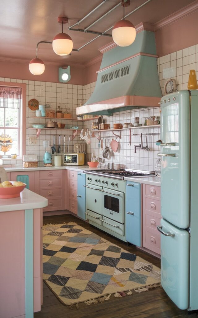 A photo of a vintage-inspired kitchen with a pastel-colored vent hood. The kitchen has matching accessories, retro lights, a rug, and vintage appliances. The view is a straight mid-shot of the kitchen.